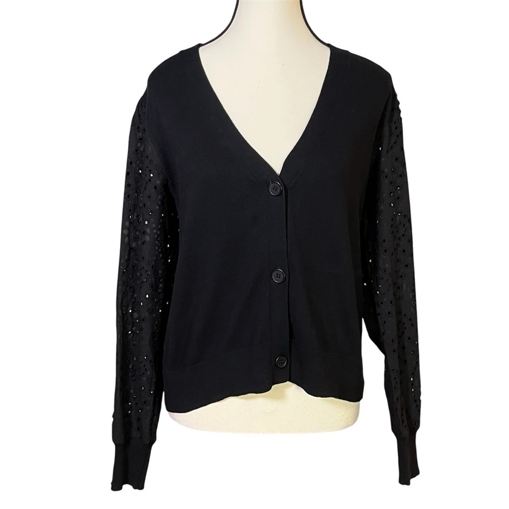 J Society Cardigan Eyelet Sleeve Sweater Black “Elsie” Women’s Size M Preppy